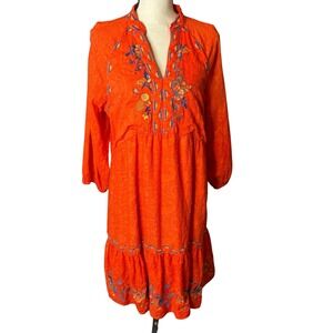 Reba Orange Embroidered Floral‎ Peasant Dress Gauze Cotton Boho Chic Large